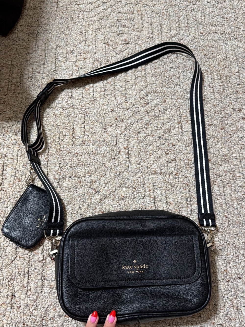 kate spade Black Pebbled Leather Crossbody with Black-and-White Striped Strap